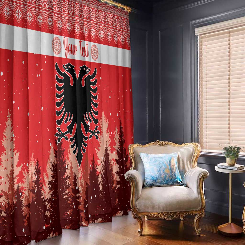 Red Christmas window curtain pair with white band, black eagle, and forest pine print