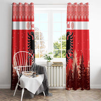 Red Christmas window curtain pair with white band, black eagle, and snowy forest design