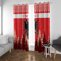 Red Christmas window curtain pair with white band, black eagle, and pine tree print
