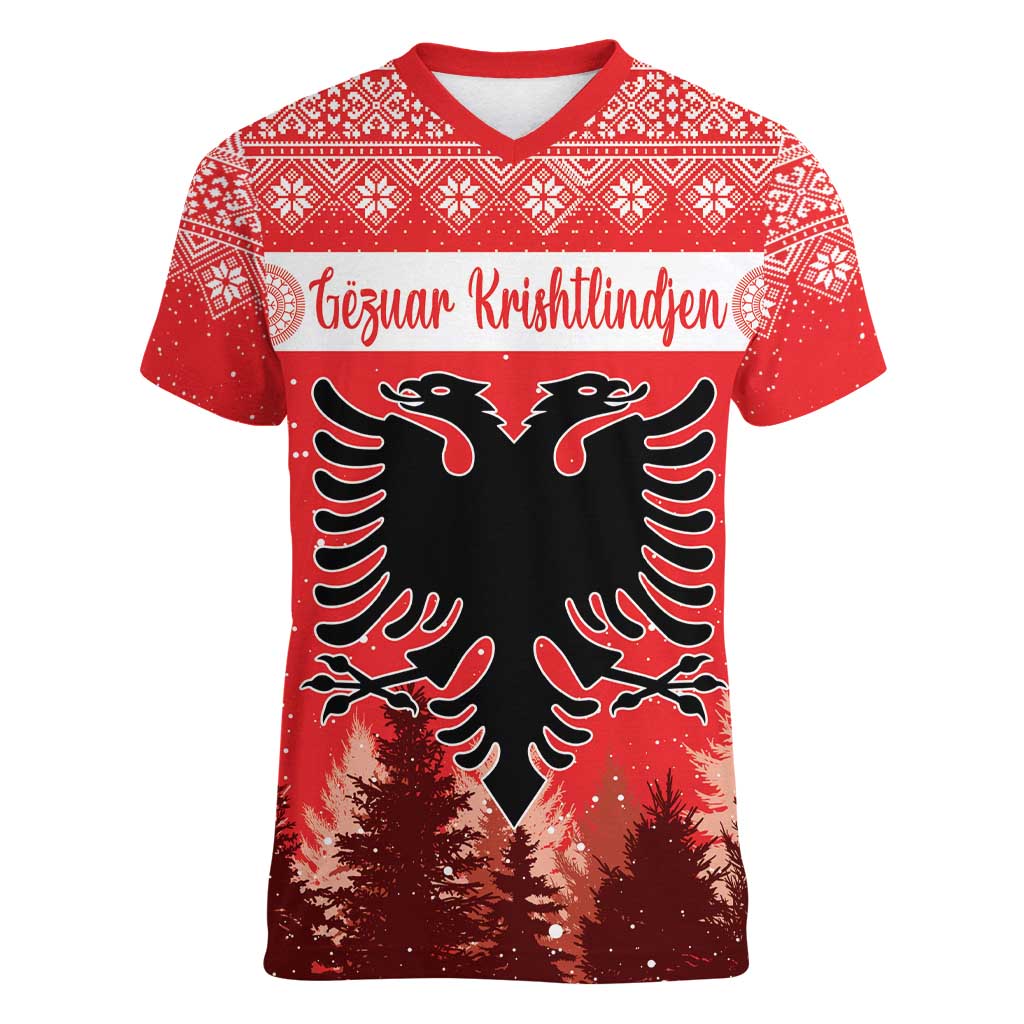 Personalized Albania Christmas Women V-Neck T-Shirt The Double-headed Eagle Christmas Pattern - Wonder Print Shop