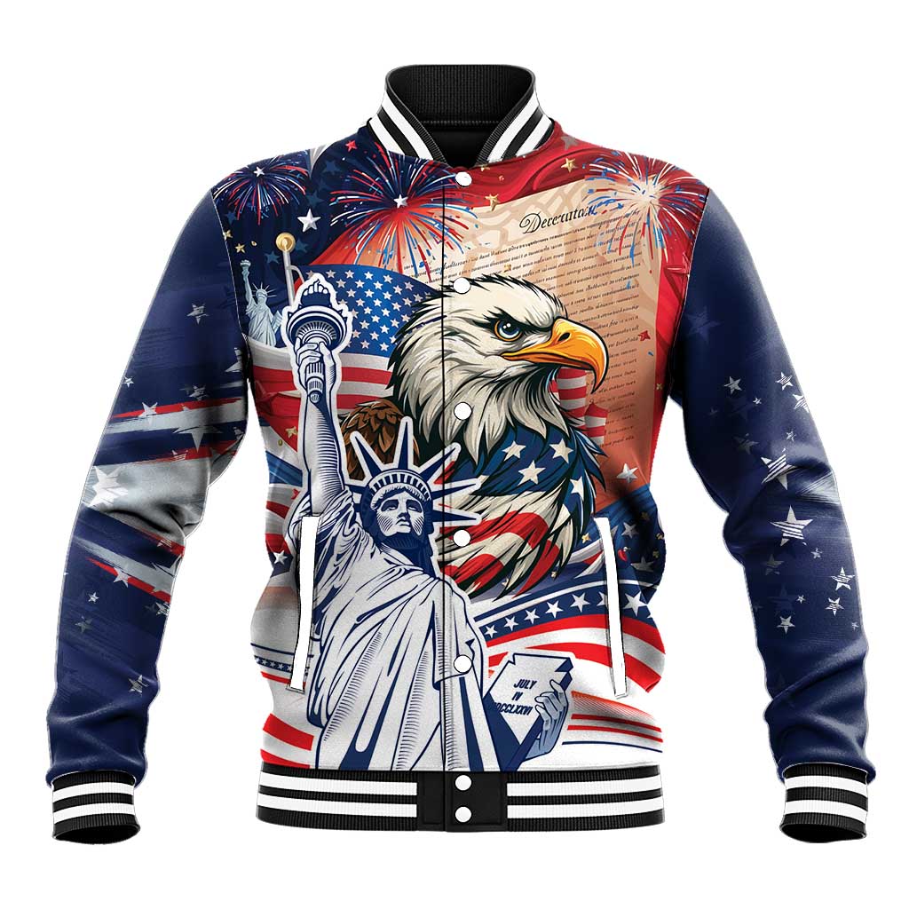 Unisex varsity baseball jacket with eagle, American flag, and fireworks print; ribbed cuffs