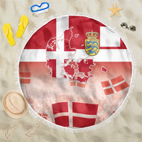 Round Danish flag beach blanket with coat of arms and map print, white fringe