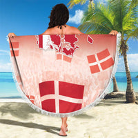 Round Danish flag beach blanket with coat of arms and map print, tassel fringe