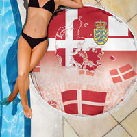 Round Danish flag beach blanket with coat of arms and map print, on pool deck