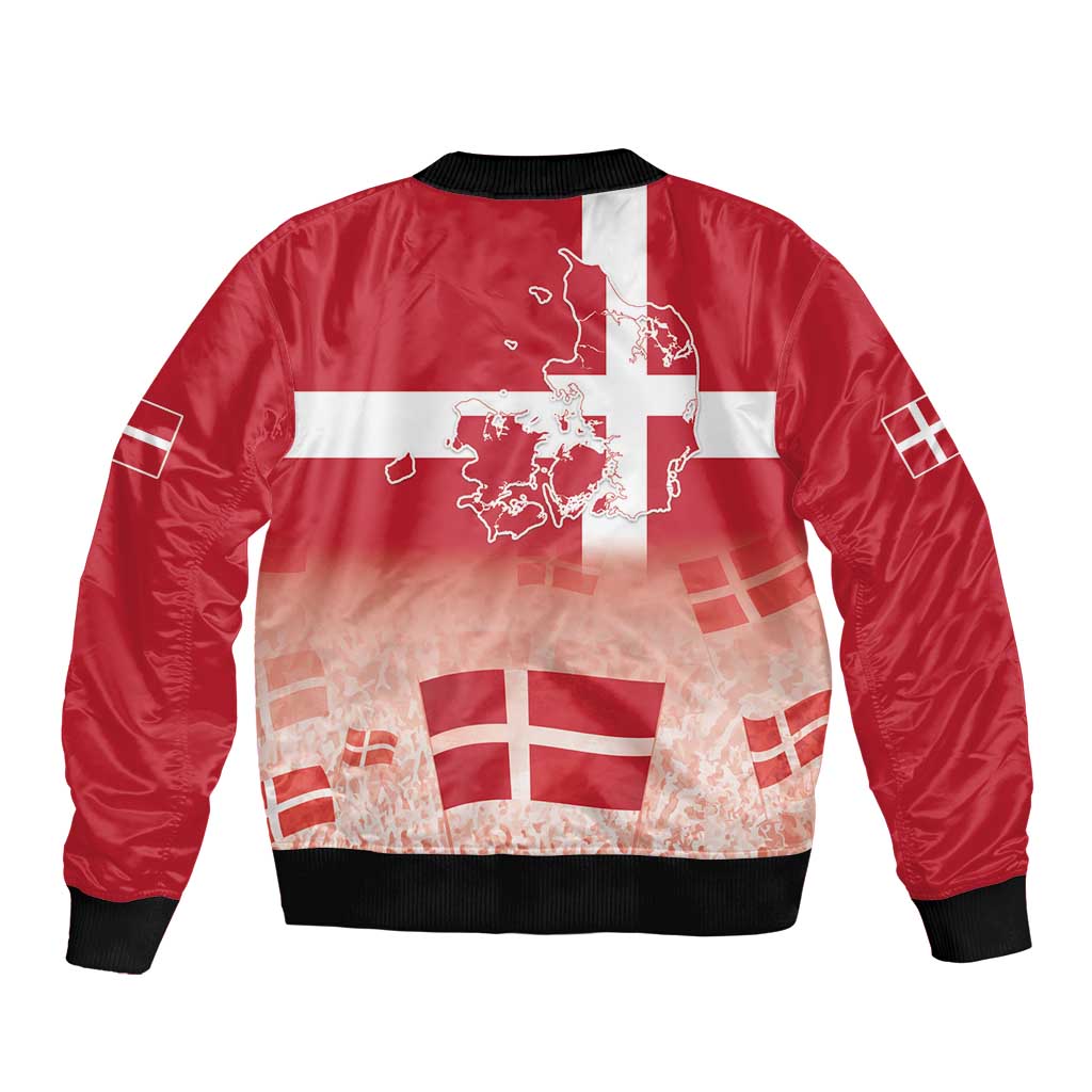 Red satin bomber jacket with ribbed collar and cuffs, Denmark map and flag back graphic