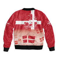Red satin bomber jacket with ribbed collar and cuffs, Denmark map and flag back graphic