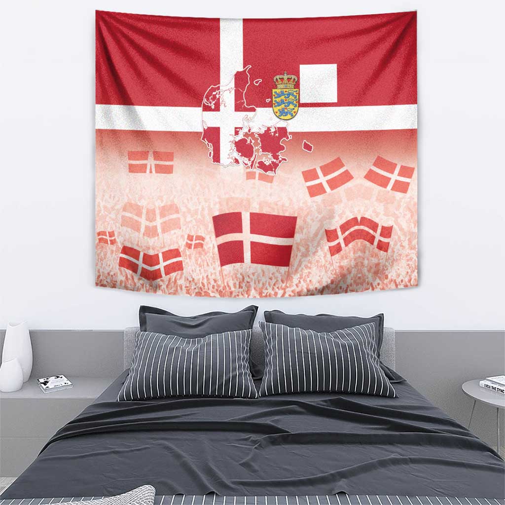 Danish flag tapestry wall hanging with coat of arms map and repeating red white flags