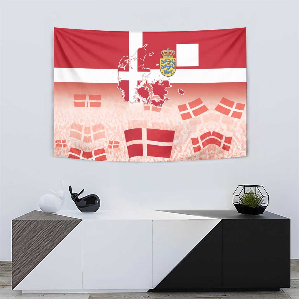 Red and white Danish flag tapestry coat of arms map wall hanging