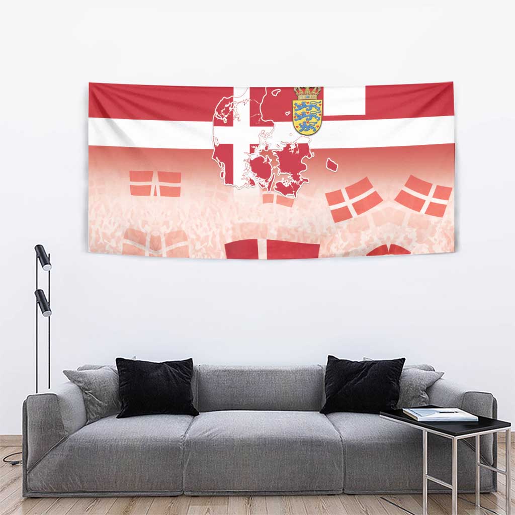 Danish flag themed tapestry wall hanging featuring coat of arms map in red and white