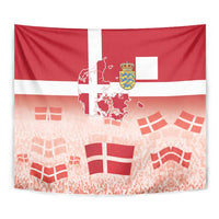 Close-up Danish flag tapestry coat of arms map wall hanging with red white details
