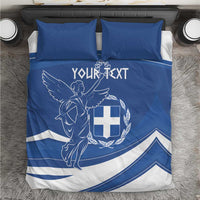 Blue and white bedding set with Greek flag day print, duvet cover and matching pillows
