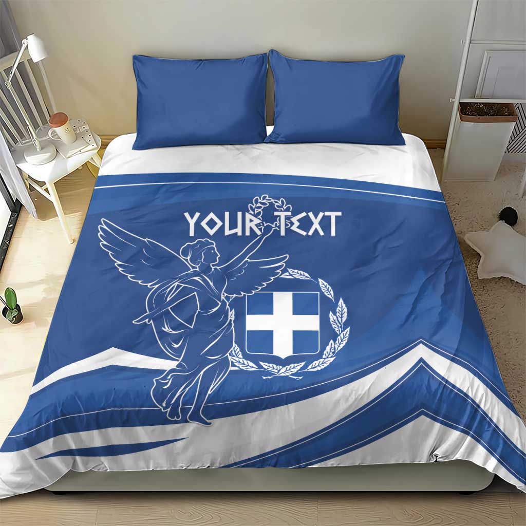 Blue duvet with Greek flag day angel-and-cross emblem, plus two matching pillows