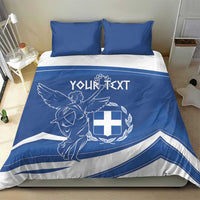 Blue duvet with Greek flag day angel-and-cross emblem, plus two matching pillows