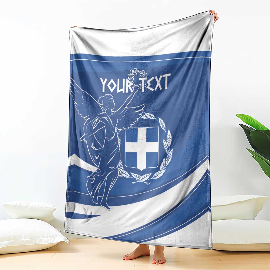 Personalized Greek flag day blanket hanging with blue-and-white crest and winged angel