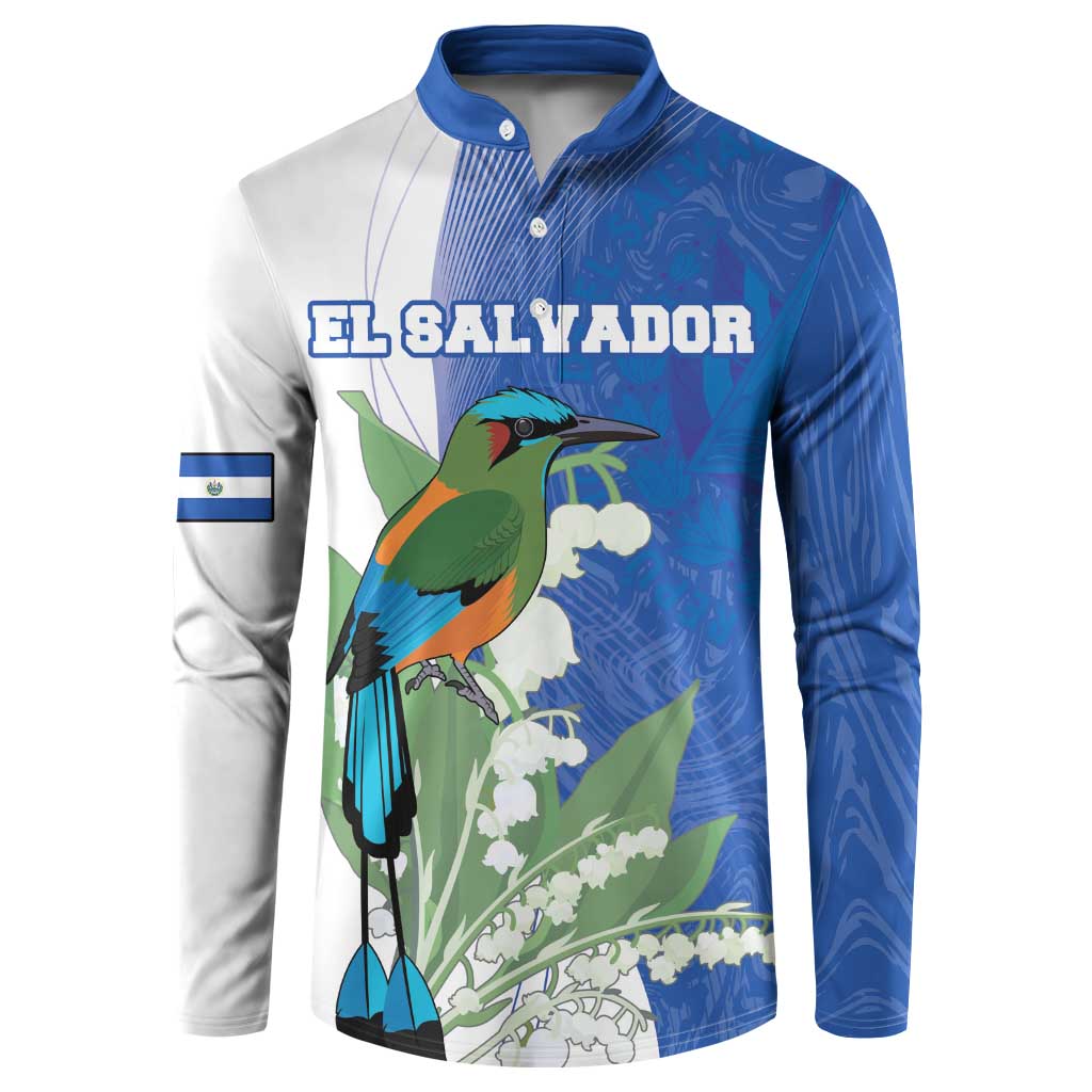 Blue and white button henley sweatshirt with tropical bird and yucca flower graphic, El Salvador
