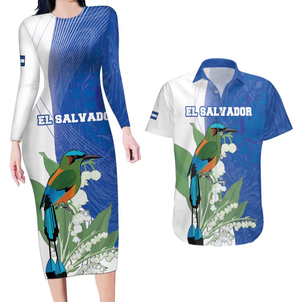 Personalized El Salvador Turquoise Browed Motmot Couples Matching Long Sleeve Bodycon Dress and Hawaiian Shirt With Yucca Flowers - Wonder Print Shop