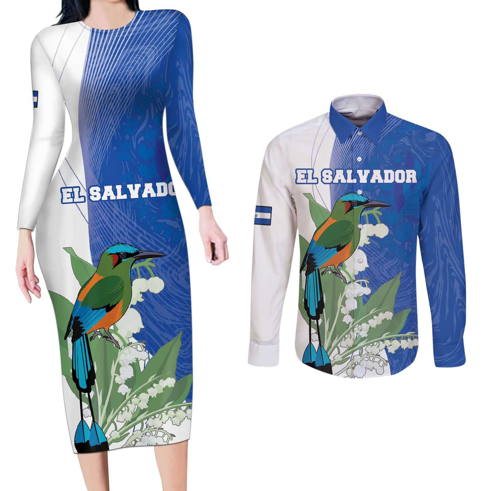 Personalized El Salvador Turquoise Browed Motmot Couples Matching Long Sleeve Bodycon Dress and Long Sleeve Button Shirt With Yucca Flowers - Wonder Print Shop