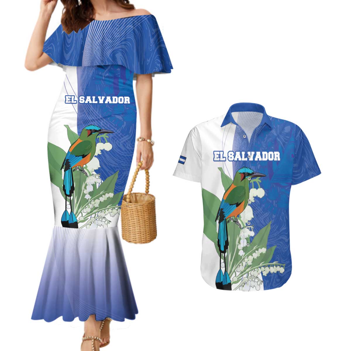 Personalized El Salvador Turquoise Browed Motmot Couples Matching Mermaid Dress and Hawaiian Shirt With Yucca Flowers - Wonder Print Shop