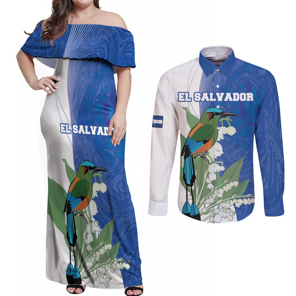 Personalized El Salvador Turquoise Browed Motmot Couples Matching Off Shoulder Maxi Dress and Long Sleeve Button Shirt With Yucca Flowers - Wonder Print Shop