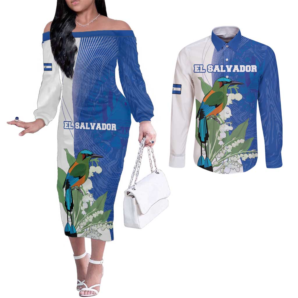 Personalized El Salvador Turquoise Browed Motmot Couples Matching Off The Shoulder Long Sleeve Dress and Long Sleeve Button Shirt With Yucca Flowers