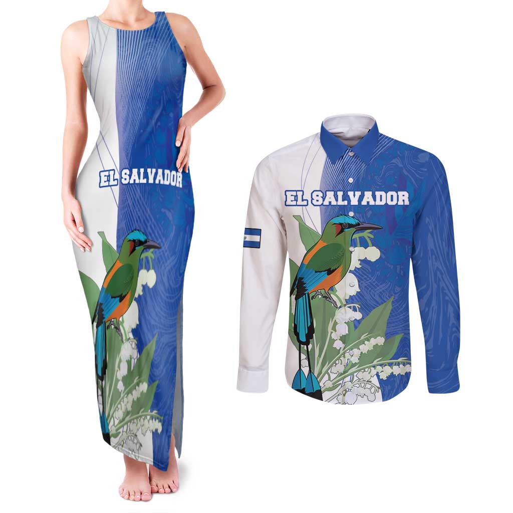 Personalized El Salvador Turquoise Browed Motmot Couples Matching Tank Maxi Dress and Long Sleeve Button Shirt With Yucca Flowers - Wonder Print Shop