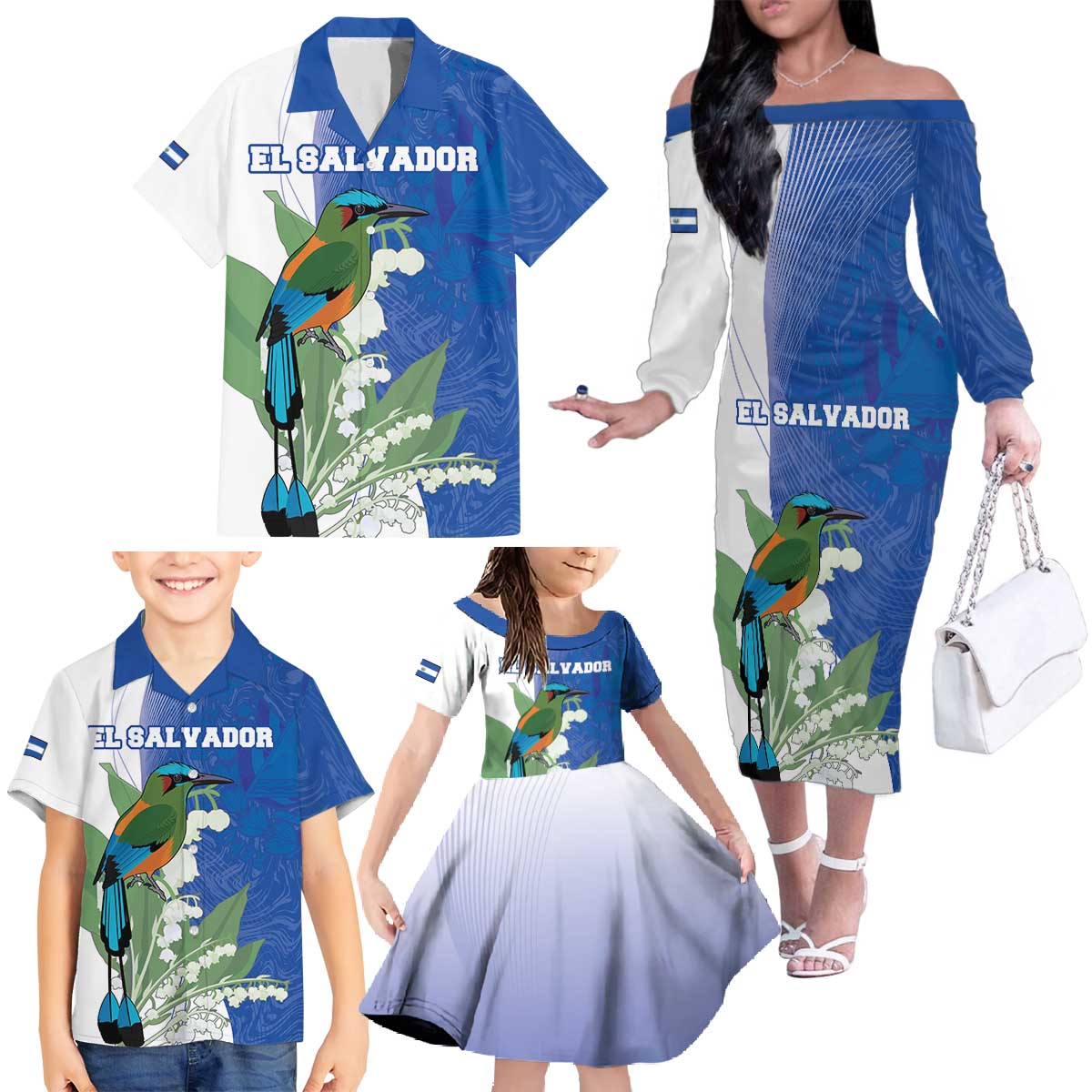 Personalized El Salvador Turquoise Browed Motmot Family Matching Off The Shoulder Long Sleeve Dress and Hawaiian Shirt With Yucca Flowers - Wonder Print Shop