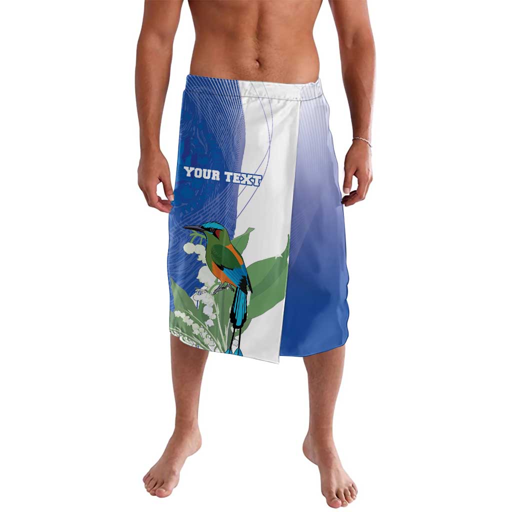Personalized blue and white elastic-waist lavalava with bird print and 'YOUR TEXT'