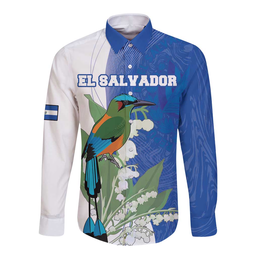 Long sleeve button shirt, blue and white with bird and yucca flowers graphic