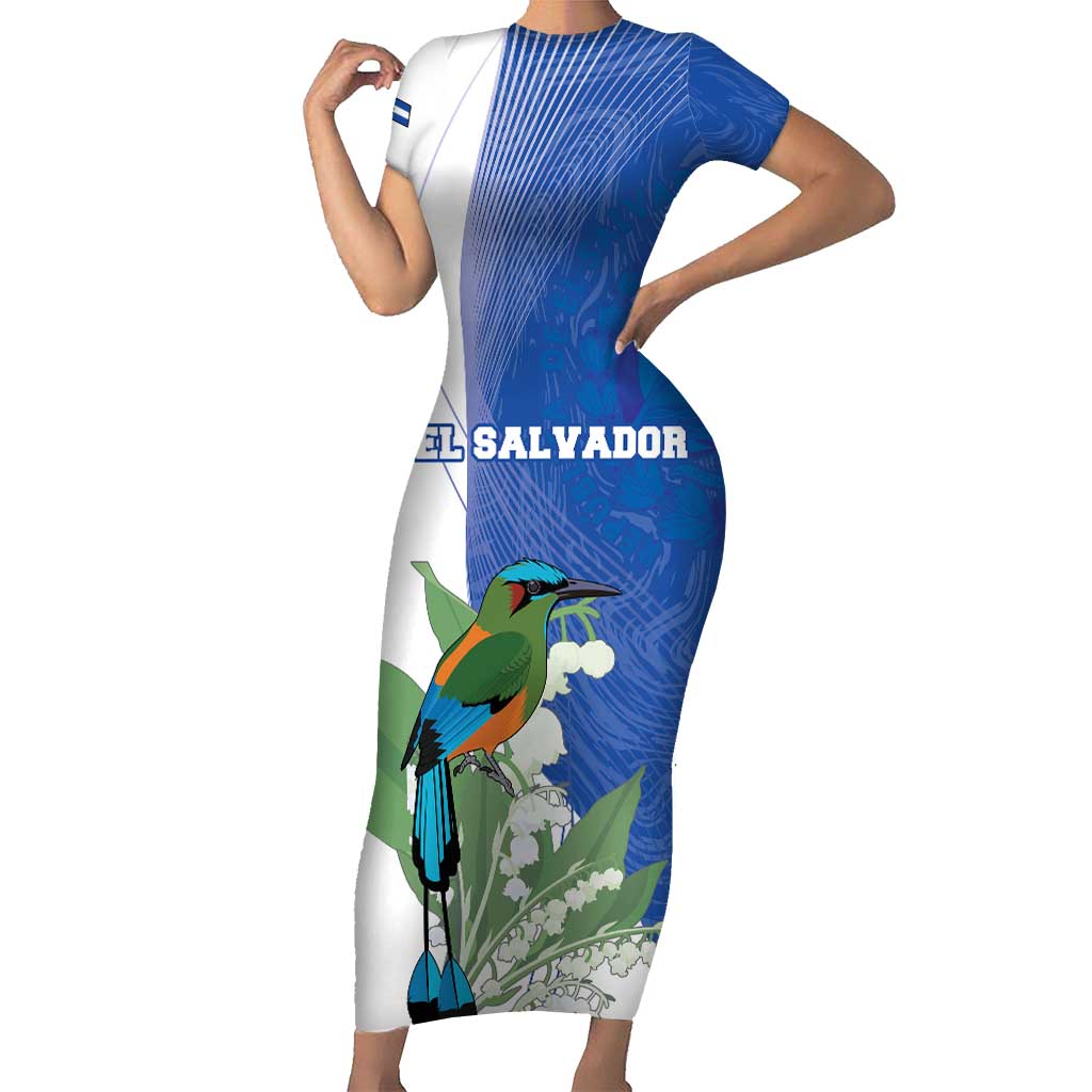 Personalized El Salvador Turquoise Browed Motmot Short Sleeve Bodycon Dress With Yucca Flowers - Wonder Print Shop