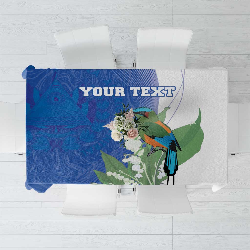 Blue square tablecloth with tropical bird and yucca flower pattern, personalized text area