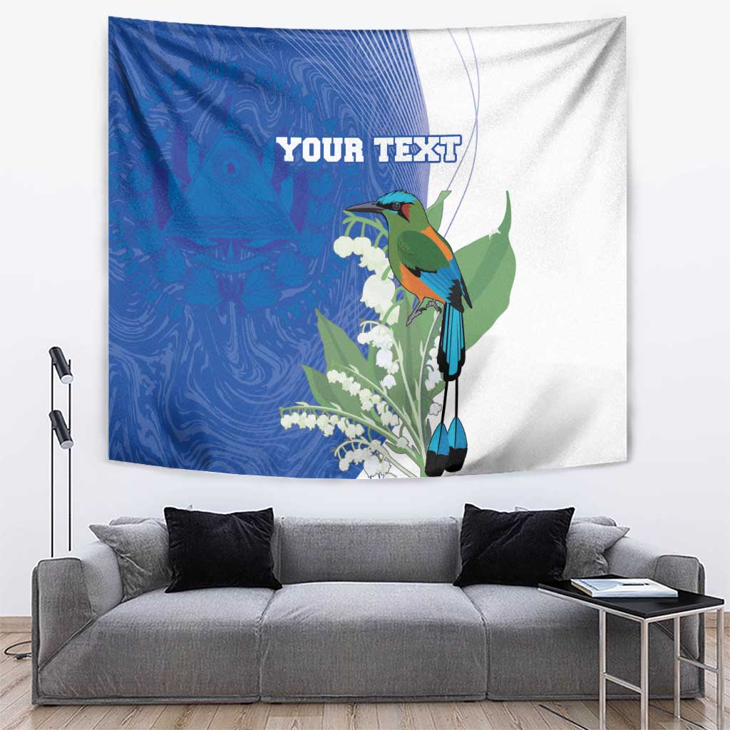 Blue bird perched on green leaves and white blossoms tapestry with customizable text