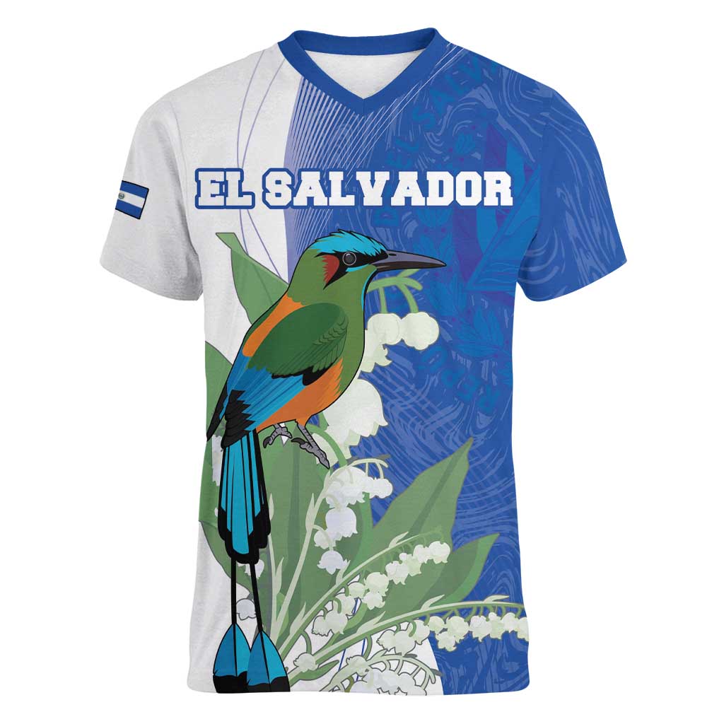 Personalized El Salvador Turquoise Browed Motmot Women V-Neck T-Shirt With Yucca Flowers - Wonder Print Shop