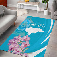 Blue area rug with white-tailed deer, Honduras map, flowers, and 'Your Text'