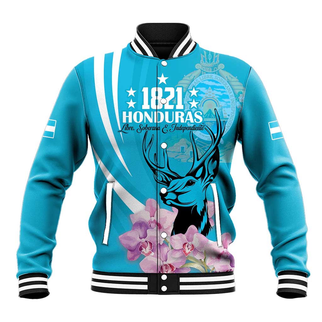 Blue baseball jacket with front button placket, ribbed collar, deer head graphic