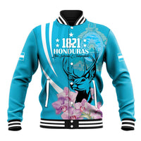 Blue baseball jacket with front button placket, ribbed collar, deer head graphic