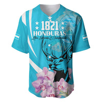 Blue baseball jersey front with 1821 Honduras text, deer head, stars, and orchids.