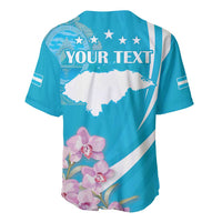 Blue baseball jersey, back design with Honduras map, stars, and purple orchids.
