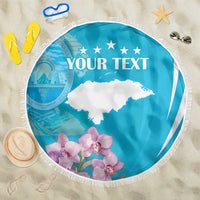 Round blue beach blanket with white fringe, Honduras map, stars and 'YOUR TEXT' center