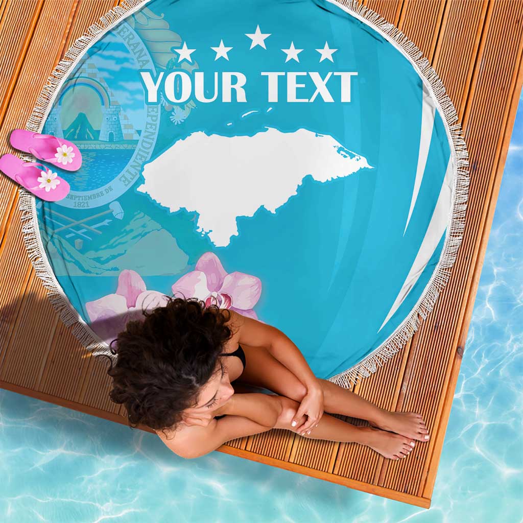 Round blue beach blanket with white fringe, Honduras map, stars and 'YOUR TEXT' logo
