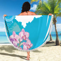 Round blue beach blanket with white fringe, Honduras map, stars, orchids and purple blooms