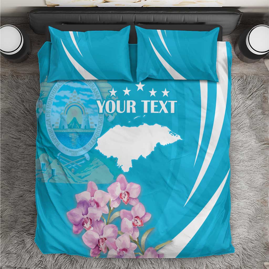 Turquoise duvet close-up with white wave stripes, stars, orchids, and “Your Text”