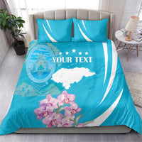 Turquoise bedding set with white stripes and map graphic, orchid print, “Your Text”