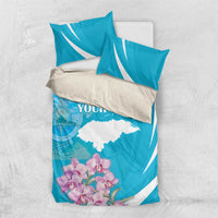 Turquoise duvet and pillow shams with white stripes, Honduras map, orchids, “Your Text”