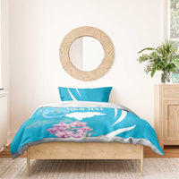 Turquoise duvet with white wave stripes, map and orchids, plus pillow shams “Your Text”