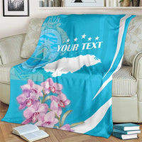 Personalized blue and white blanket with 'YOUR TEXT' star stripe and floral art