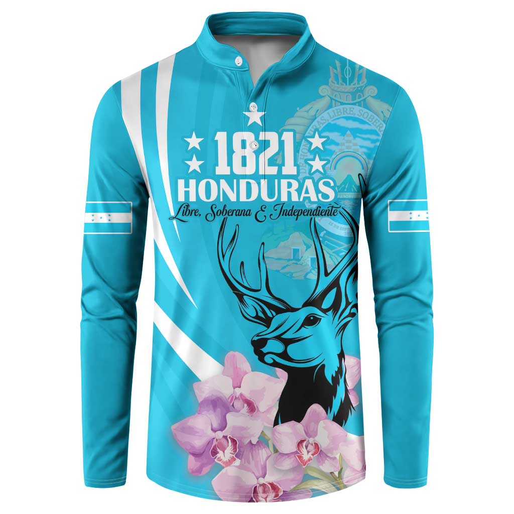 Blue button sweatshirt with 1821 Honduras logo, deer and pink flower print