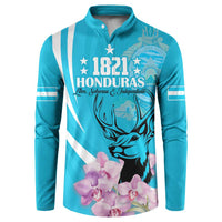 Blue button sweatshirt with 1821 Honduras logo, deer and pink flower print