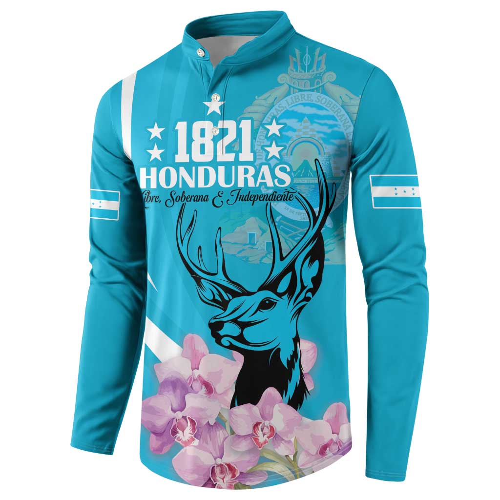 Blue button sweatshirt with 1821 Honduras text, deer face and pink orchids