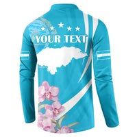 Blue button sweatshirt back with “YOUR TEXT”, star circle and white-and-blue map graphic