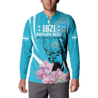 Blue button sweatshirt with 1821 Honduras print, deer head and pink flowers